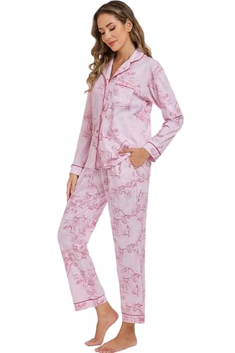 Image of LUBOT 100% Cotton Pajamas for Women Pajama Set 2 Piece PJ Sleepwear Set Soft Ladies Button Knit Long Sleeve Loungewear XS-XXL