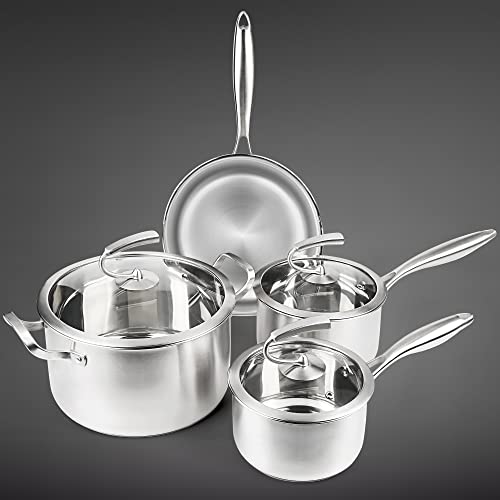 Küchen-Kochgeschirr-Sets, 7-teiliges Induktions-Edelstahl-Töpfe und Pfannen Set mit Deckel, Küchengeschirr Kochtopf und Pfannenset Spülmaschinenfest Cover
