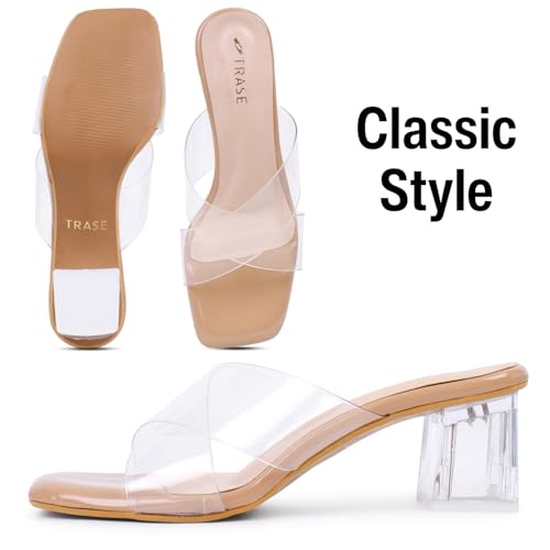 Image of TRASE Transparent Cross Strap Block Heels for Women Stylish | Fashionable Heel Sandals for Girls | Elegant & Formal Footwear