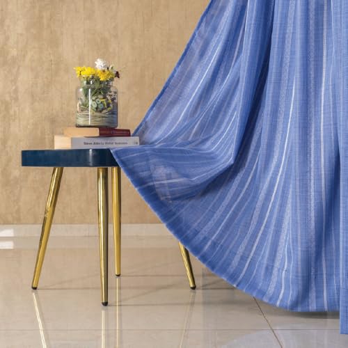 Image of Urban Space Aari Collection Weaved Sheer Curtains for Door 7 Feet Long, 40-50% Light Filtering Textured Curtains with Eyelets and Tieback, Set of 2 Decorative Curtains (Vertical Blue, 8 Feet)
