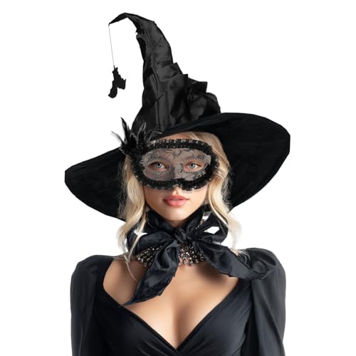 Halloween Witch Cosplay Set 2 Pcs, Witch Hat, Masquerade Mask - Adult Costume Accessories for Halloween Parties