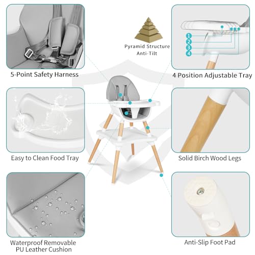 Image of 6 in 1 High Chair for Babies & Toddlers, Convertible Wooden Baby Highchair, Table and Chair Set, Baby Feeding Chair, 5-Point Adjustable Harness /4-Position Removable Tray& PU Seat Cushion(Grey)