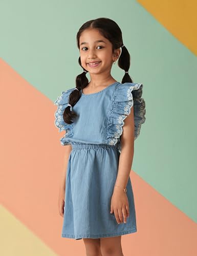 Image of Amazon Brand - Symbol Girl's Denim Cotton Fit and Flare Knee-Length Casual Dress