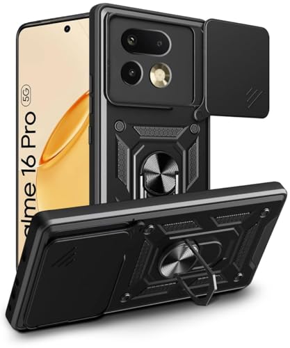 Image of AIBEX Back Cover Compatible for Realme 16 Pro 5G | D10 Tough Armor Case | Sliding Camera Shield | 360 Protection | Kickstand Ring Holder | Military-Grade Bumper Case - Black