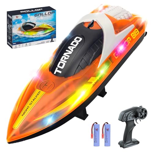 Skirfy RC Boats for Kids Adult with LED Lights 15KM/H Distance 60M 50 Min to 2 Hours Drive Time 2 Lithium-Ion Rechargeable Batteries Remote Control Boats for Pools & Lakes Racing Boat