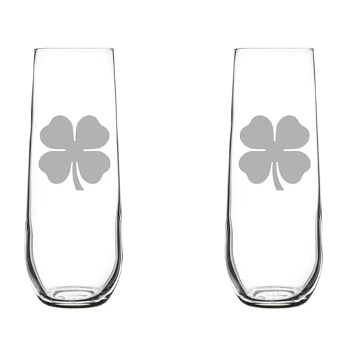 MIP Set of 2 Glass Champagne Flutes Sparkling Wine Glasses 4 Leaf Clover Shamrock (8.5 oz Stemless)