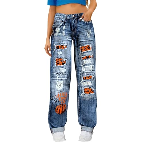 Jean baggy femme taille haute imprimé Halloween rétro stretch