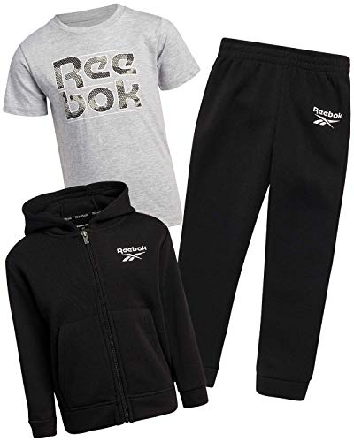 Reebok Little Boys' Jogger Set - Zip Hoodie, T-Shirt, and Jogger Sweatpants (Infant/Toddler) Black/Heather Grey