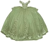 Mouccy Glitter Lace Quinceanera Dresses Lace 3D Flowers Pageant Dress Ball Gowns 2025 Off Shoulder Beaded Sage Green Birthday Dresses with Train 15