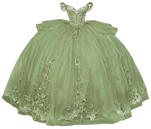 Mouccy Glitter Lace Quinceanera Dresses Lace 3D Flowers Pageant Dress Ball Gowns 2025 Off Shoulder Beaded Sage Green Birthday Dresses with Train 15
