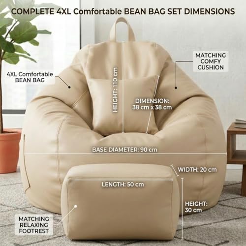 Image of KAM'S LIEU 5XL Luxury Faux Leather Bean Bag with Footrest & Cushion | Pre-Filled High-Density Polystyrene Beans | Premium Leatherette | 6 Months Warranty Color- (Cream, with Footrest)