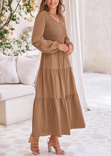 Image of PRETTYGARDEN Fall Dresses for Women 2025 Casual Long Sleeve V Neck Smocked A Line Long Flowy Wedding Guest Dress (Khaki,Medium)