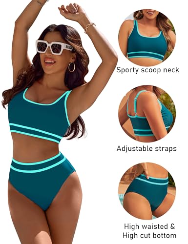 Image of BMJL Women's High Waisted Bikini Sets Sporty Two Piece Swimsuits Color Block Tummy Control Modest Bathing Suit
