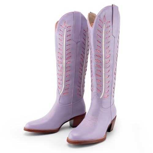 SIFINELAR Cowboy Boots for Women - Comfortable Knee High Round toe Cowgirl Boots with 2 Inch Chunky Heel for Girls2