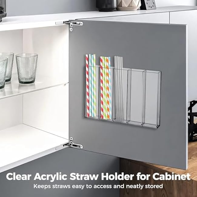 Clear Acrylic Straw Holder with 5 Slots, Fully Closed Organizer for Cabinets, Self-Adhesive Transparent Dispenser Rack for Kitchen Pantry, Fits Multiple Length Styles