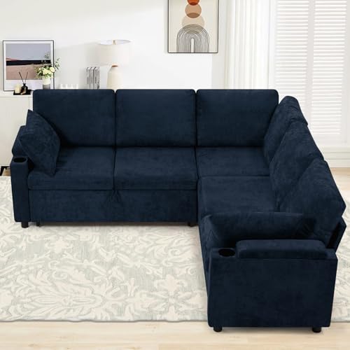 Image of 85 inch Chenille Sectional Sofa w /Pull Out Bed & Storage Space, Blue | Upholstery L Shaped Couch w /Cup Holders, Modern Corner Sofa w /USB Charging Port & Throw Pillow for Living Room