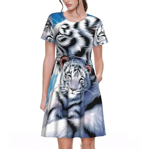 Robe d'été mi-longue au motif tigre blanc unique et coupe fluide pour femme