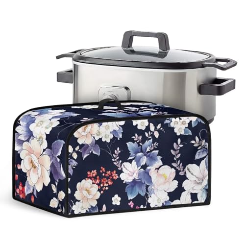 Annejudy Vintage Floral Slow Cooker Dust Cover Stain Resistant Oval Slow Cooker Cover with Handle and Side Pockets for Storage Small Appliance Accessories, for 6-8 Qt Slow Cookers