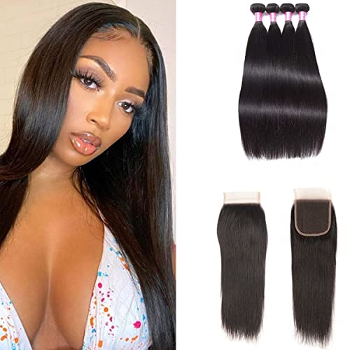 Coisini Straight Hair Bundles with Closure 100% Brazilian Straight Virgin Hair 4 Bundles with Lace Frontal Free Part Human Hair Extensions Natural Black Color (22 24 26 28+20)