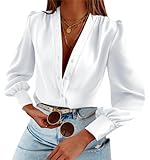 Women's Business Casual Tops Satin Silk Long Sleeve Button Down Shirts V Neck Chiffon Work Blouses White