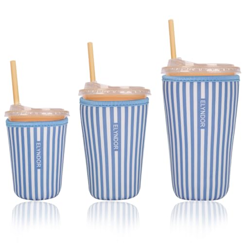 Image of Reusable Insulated Sleeve for Iced Coffee Cup, 3-Pack Coffee Neoprene Drink Sleeve for Cold & Hot Drinks, Beverage Holder for Iced Coffee (Ocean Stripes)