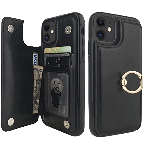 Onetop for iPhone 11 Wallet Case with Card Holder, 360° Rotation Ring Kickstand RFID Blocking PU Leather Double Magnetic Clasp Shockproof Cover for Women and Girls 6.1 Inch (Black)
