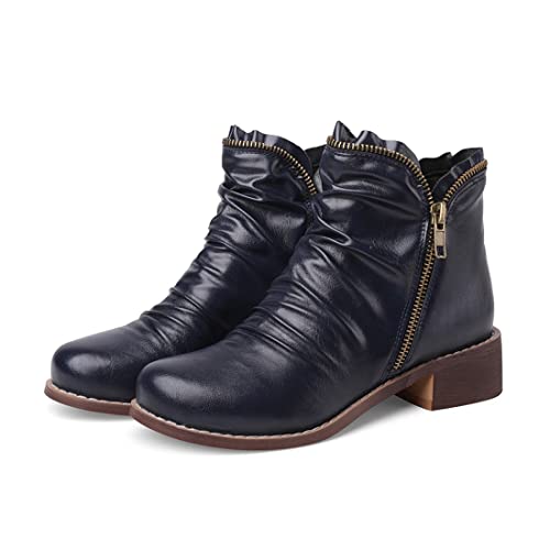 VOKLIN Women's Retro Flat Low Heel Dress Ankle Booties Round Toe Double Zipper Comfort Dressy Short Boots2