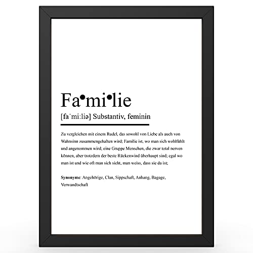 Urhome Kunstdruck Definition Familie in DIN A3 A4 A5 optional mit Rahmen Schwarz Weiß - Worterklärung wie im Duden als Wanddeko Poster Deko Wandbild mit Spruch für Wohnung Familie Geschenk