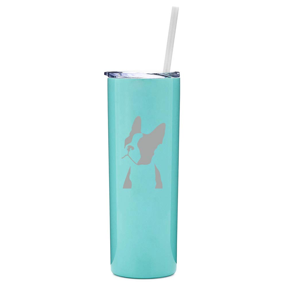 20 oz Skinny Tall Tumbler Stainless Steel Vacuum Insulated Travel Mug With Straw Boston Terrier Face (Light Blue)
