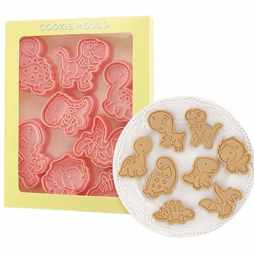 8Pcs Plastic Dinosaur Cookie Mold Cartoon 3D Animal Stereo Pressing Cookie Cutters, Cute Cookie Stamps for Party Biscuit Fondant Snacks
