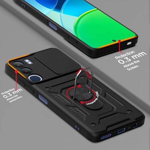 Image of Pikkme Back Cover for Vivo Y29 5G / Vivo Y19s | Sliding Camera Shield with Ring Stand | D10 Full Camera Protection Bumper Case (Black)
