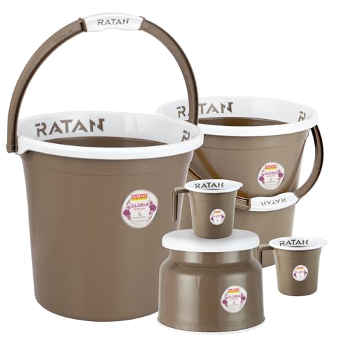 Image of RATAN PLASTICWARE Plastic Bathroom Set of 5 Pieces Combo Pack Gloria Plain 18 Liters & 20 Liters Bucket + Nova Stool Patla 107 + Two Gloria Plain Bath Mug 1 Liter Color Light Brown