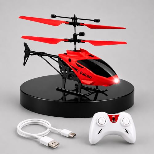 Image of KIDZYMON New Age Technology RC Helicopter with USB Cable, Safety Sensor 3.1, Gravity 2.6, 3D Light, Charging Battery, Indoor and Outdoor Flying, Remote Battery not Included (Red Colour)