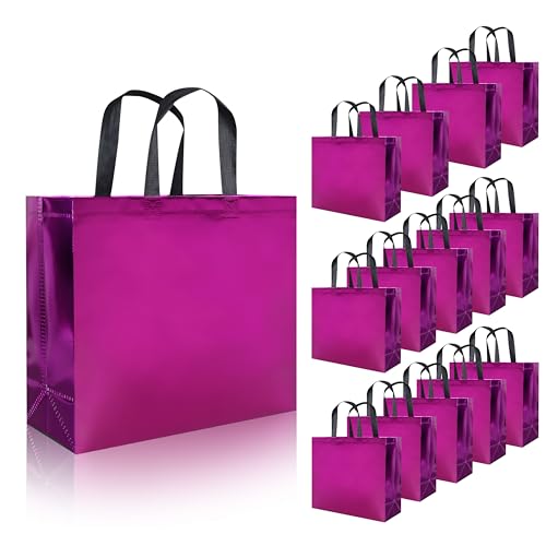 cabzymx 15 Pcs Glossy Hot Pink Reusable Gift Bags, 12.6 x 4.7 x 11 In Holiday Party Bags with Handles & Sturdy Base, Ideal Goodie Bag Bulk for Birthdays, Weddings, Xmas, Thanksgiving