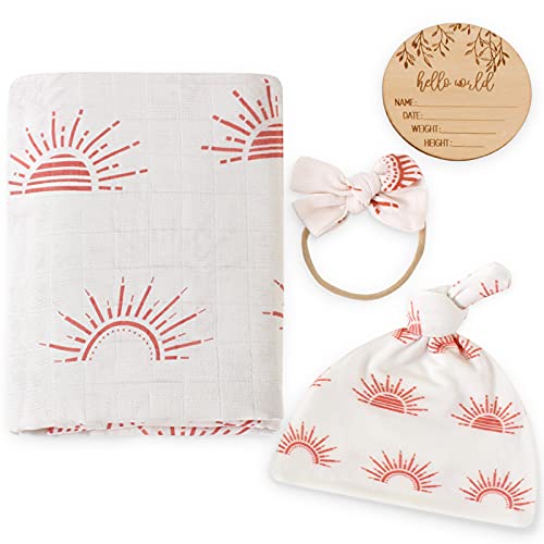 Image of LifeTree Newborn Swaddle Set with Matching Hat, Wooden Birth Announcement Card, Muslin Baby Swaddle Blankets Set Unisex for Boys & Girls, Soft, Large 47 x 47 inches, Boho Baby Sunshine
