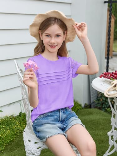 Image of Haloumoning Girls Short Sleeve T Shirts Kids Summer Lace Crewneck Tops Fashion Pleated Tees 5-14 Years