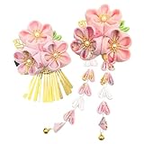 [Baramoly] 七五三 髪飾り2点セット 和装 つまみ細工 鈴付き クリップ 下がり付き パール ちりめん 3歳 7歳 しちごさん 753 女の子 成人式 浴衣 袴 着物 振袖 卒業式 ヘアアクセサリー ケース付き ピンク HF302