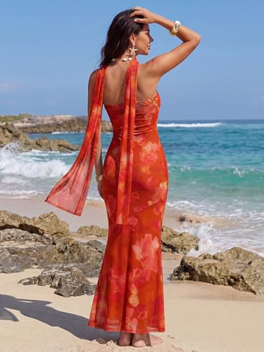 Image of LUXVEER Women's Strapless Tube Dress Mesh Floral Summer Bodycon Long Maxi Cocktail Party Wedding Guest Dresses with Scarf