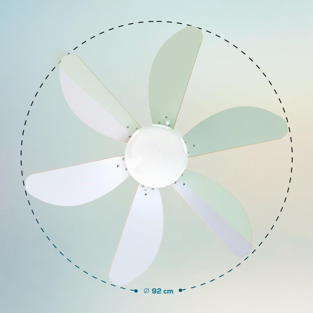 Cecotec Ventilatore da Soffitto con Luce EnergySilence 3600 Vision Mint. 50 W, Diametro 92 cm, Lampada, 3 Velocità, 6 Pale Reversibili, Funzione Estate/Inverno, Interruttore a Catena, Bianco/Menta