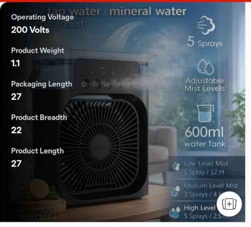 Image of Portable Mini Air Cooler Fan with Water Mist Spray, 600ml Tank, 5 Spray Modes, Adjustable Mist Levels - USB Powered