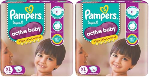 Image of Pampers Active Baby Taped Diapers, Extra Large size diapers, (XL) 32 count, taped style custom fit (Pack of 2)