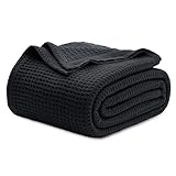 Bedsure Gentlesoft 100% Cotton Blanket Queen Size for Bed - Breathable and Soft, Waffle Weave Blanket for Summer, Thick Cozy Fall Blankets for Women Gift, Black, 90x90 Inches