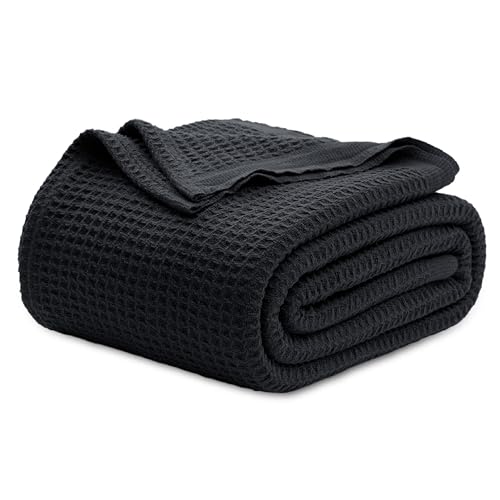 Image of Bedsure 100% Cotton Blanket Full Size for Bed - Breathable and Soft for Summer, Thick Cozy Waffle Weave Blanket Gifts for Women, Black, 80x90 Inches