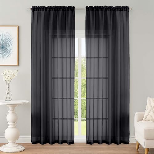 Image of OWENIE Black Sheer Curtain 90 Inches Long 2 Panels Set, Solid Filmy Drapes for Living Room Bedroom, Elegant Window Voile Sheer Curtain Panels Drapes, 2 Pcs, Each 59W x 90L Inch