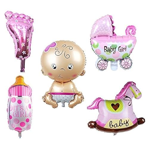 TRIXES Lot de 5 ballons décoratifs en aluminium pour fête prénatale, landau, cheval à bascule, bouteille, pied et nouveau-né