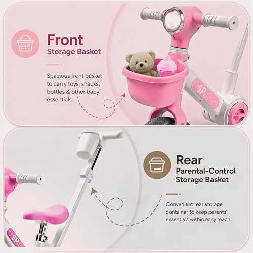 Image of TinyDazzle Kids 3 in 1 Convertible Tricycle, Balance Bike, Trikes with Parental Control for 2-6 Years Toddlers | Foldable | Music & Light | Front Basket Cycle for Boys & Girls. (Bright Pink)