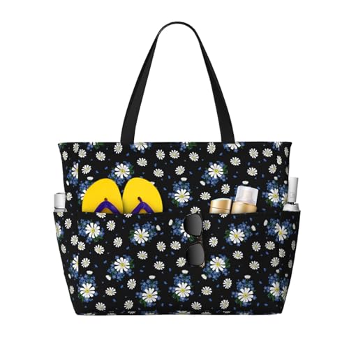 Large Beach Bags Water-resistant Sandproof - Blue White Daisies Flowers Cute Beach Tote Bags for Women with Zipper