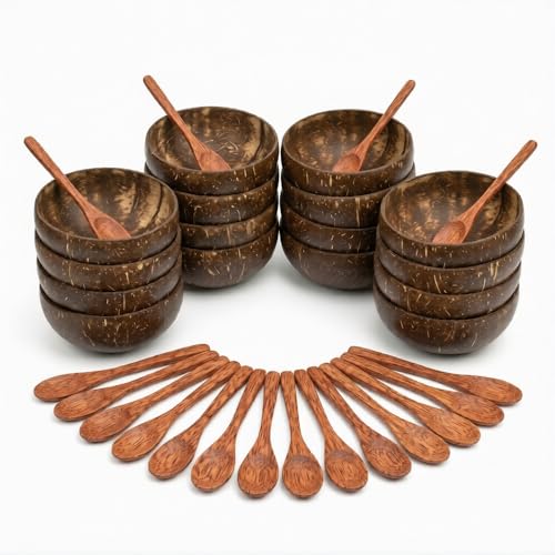 Image of Thenga Jumbo 900ML Artisan Coconut Shell Bowls & Spoon Set | Eco-Friendly Handmade Wooden Bowls for Smoothie, Salad, Breakfast, Buddha Bowls & Meals | Set of 20 from Kerala