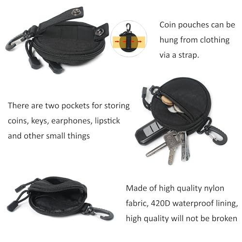 Coin Pouch, Round Coin Bag with Zipper and Carabiner, Change Purses Small Organizer Bags Canvas for Home, Coin Purse Keychain Pockets for Waist Pack (Black)3