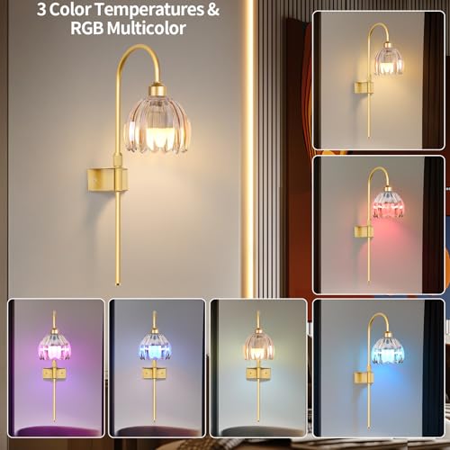 Image of Vintage Battery Operated Wall Sconces Set of Two, Flower Wireless Rechargeable Battery Powered Wall Lights Lamp with Remote Control & Green Glass Lampshade,Gold Wall Sconces for Bedroom Living Room